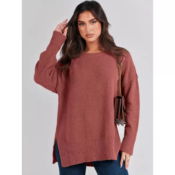 imageANRABESS Womens Crewneck Oversized Sweaters Fuzzy Knit Chunky Warm Side Slit Pullover Long Sleeve Sweater TopRust