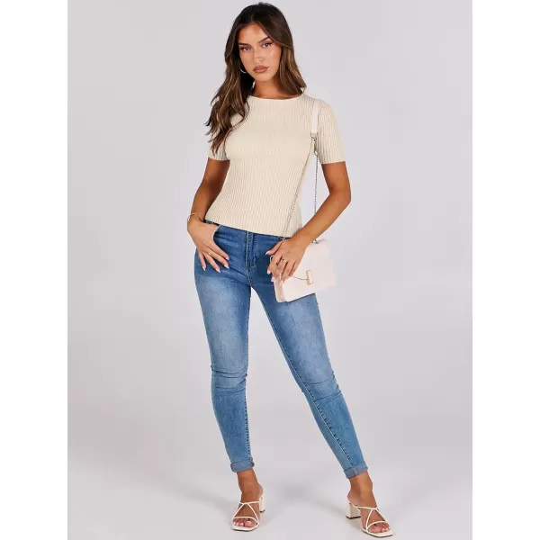 imageANRABESS Womens Crewneck Short Sleeve Tops Ribbed Knit Slim Fit T Shirts 2024 Summer Casual Basic Solid Tee TopApricot