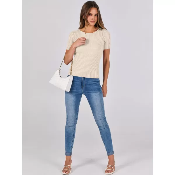 imageANRABESS Womens Crewneck Short Sleeve Tops Ribbed Knit Slim Fit T Shirts 2024 Summer Casual Basic Solid Tee TopApricot