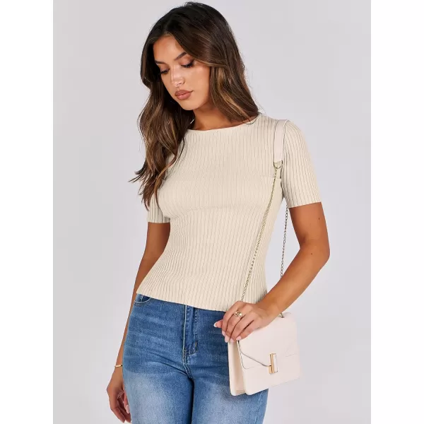imageANRABESS Womens Crewneck Short Sleeve Tops Ribbed Knit Slim Fit T Shirts 2024 Summer Casual Basic Solid Tee TopApricot