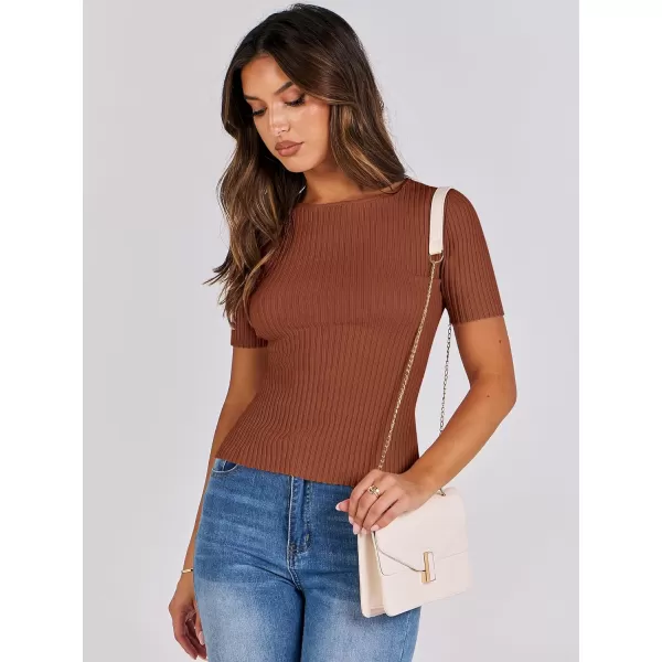 imageANRABESS Womens Crewneck Short Sleeve Tops Ribbed Knit Slim Fit T Shirts 2024 Summer Casual Basic Solid Tee TopBrown