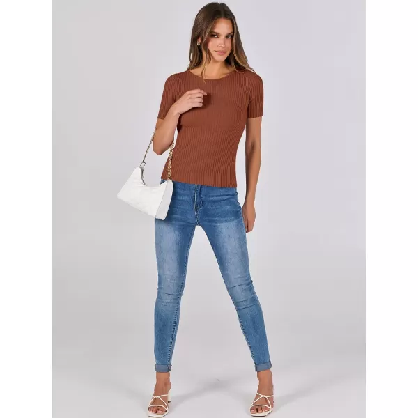 imageANRABESS Womens Crewneck Short Sleeve Tops Ribbed Knit Slim Fit T Shirts 2024 Summer Casual Basic Solid Tee TopBrown
