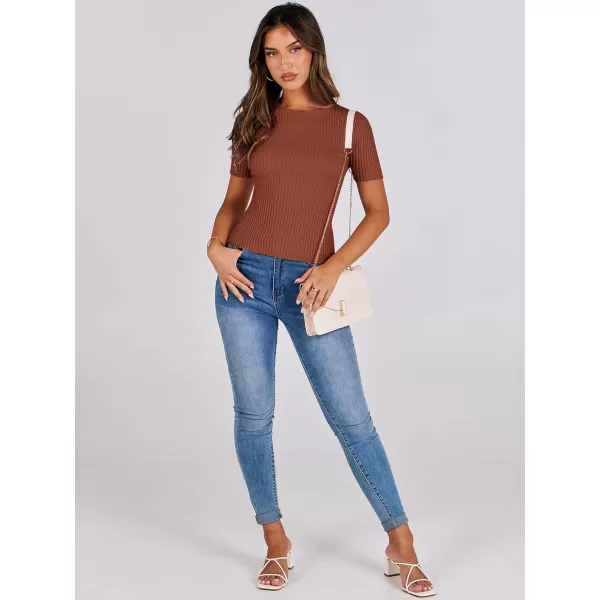 imageANRABESS Womens Crewneck Short Sleeve Tops Ribbed Knit Slim Fit T Shirts 2024 Summer Casual Basic Solid Tee TopBrown