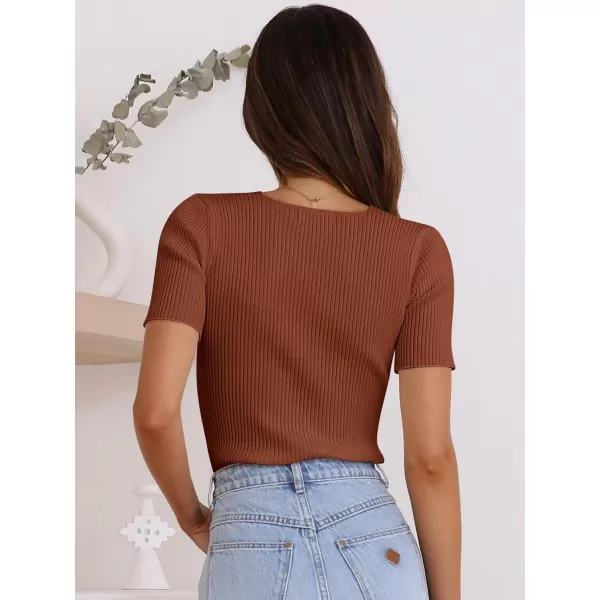 imageANRABESS Womens Crewneck Short Sleeve Tops Ribbed Knit Slim Fit T Shirts 2024 Summer Casual Basic Solid Tee TopBrown