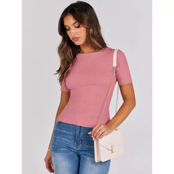imageANRABESS Womens Crewneck Short Sleeve Tops Ribbed Knit Slim Fit T Shirts 2024 Summer Casual Basic Solid Tee TopCoral