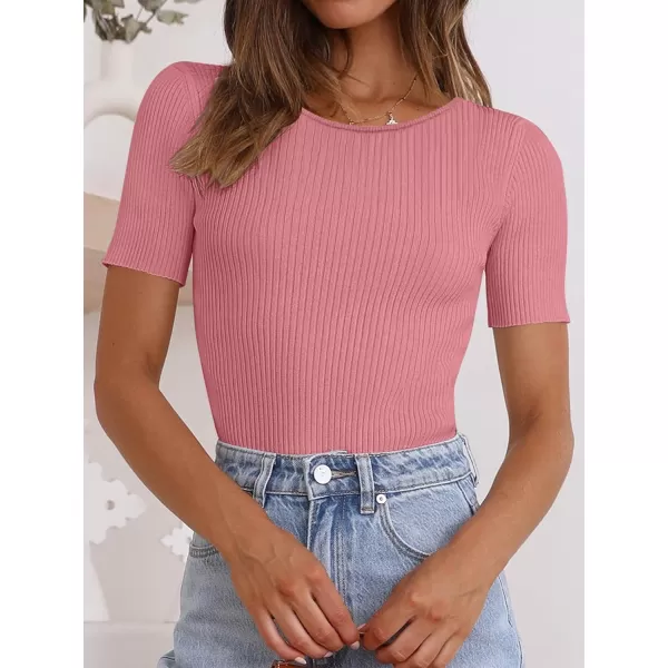 imageANRABESS Womens Crewneck Short Sleeve Tops Ribbed Knit Slim Fit T Shirts 2024 Summer Casual Basic Solid Tee TopCoral