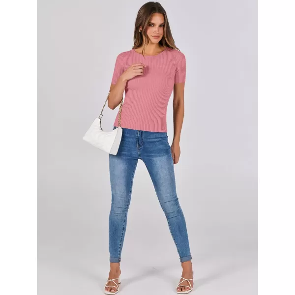 imageANRABESS Womens Crewneck Short Sleeve Tops Ribbed Knit Slim Fit T Shirts 2024 Summer Casual Basic Solid Tee TopCoral