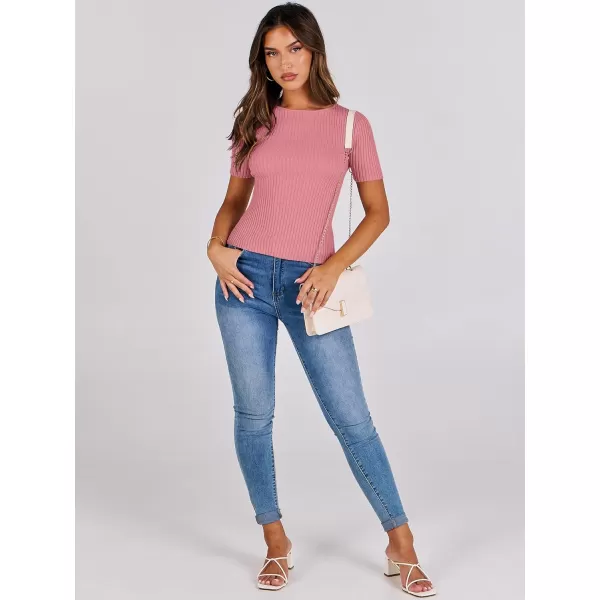 imageANRABESS Womens Crewneck Short Sleeve Tops Ribbed Knit Slim Fit T Shirts 2024 Summer Casual Basic Solid Tee TopCoral