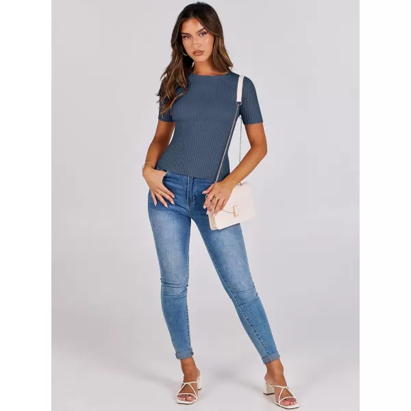 imageANRABESS Womens Crewneck Short Sleeve Tops Ribbed Knit Slim Fit T Shirts 2024 Summer Casual Basic Solid Tee TopDusty Blue