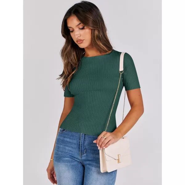 imageANRABESS Womens Crewneck Short Sleeve Tops Ribbed Knit Slim Fit T Shirts 2024 Summer Casual Basic Solid Tee TopGreen