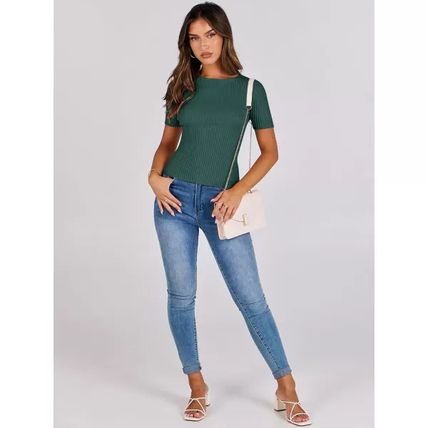 imageANRABESS Womens Crewneck Short Sleeve Tops Ribbed Knit Slim Fit T Shirts 2024 Summer Casual Basic Solid Tee TopGreen