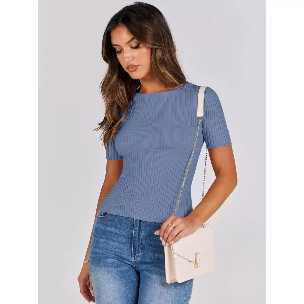 imageANRABESS Womens Crewneck Short Sleeve Tops Ribbed Knit Slim Fit T Shirts 2024 Summer Casual Basic Solid Tee TopGrey Blue