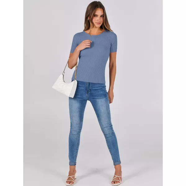 imageANRABESS Womens Crewneck Short Sleeve Tops Ribbed Knit Slim Fit T Shirts 2024 Summer Casual Basic Solid Tee TopGrey Blue