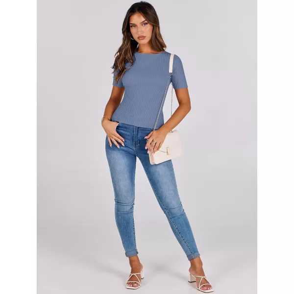 imageANRABESS Womens Crewneck Short Sleeve Tops Ribbed Knit Slim Fit T Shirts 2024 Summer Casual Basic Solid Tee TopGrey Blue
