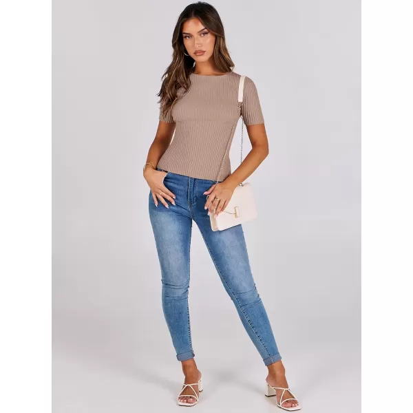 imageANRABESS Womens Crewneck Short Sleeve Tops Ribbed Knit Slim Fit T Shirts 2024 Summer Casual Basic Solid Tee TopKhaki