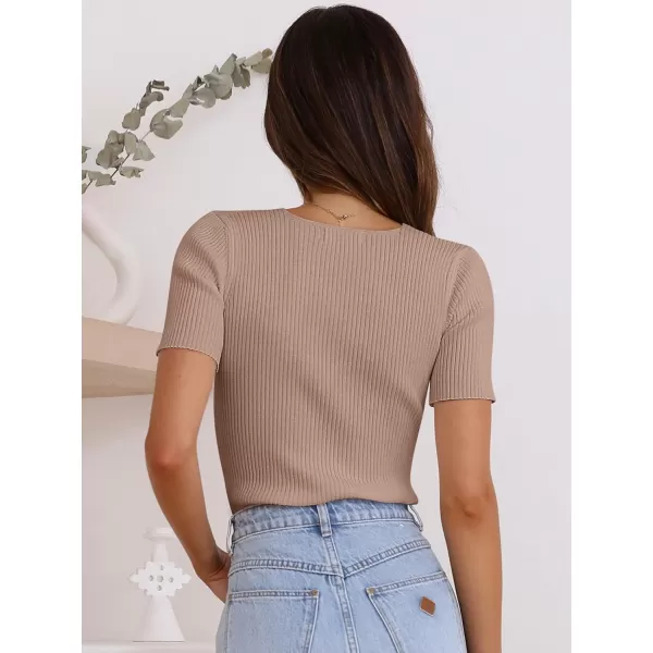 imageANRABESS Womens Crewneck Short Sleeve Tops Ribbed Knit Slim Fit T Shirts 2024 Summer Casual Basic Solid Tee TopKhaki