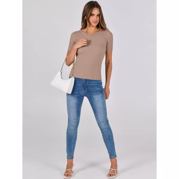 imageANRABESS Womens Crewneck Short Sleeve Tops Ribbed Knit Slim Fit T Shirts 2024 Summer Casual Basic Solid Tee TopKhaki