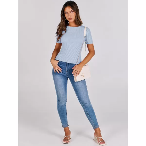 imageANRABESS Womens Crewneck Short Sleeve Tops Ribbed Knit Slim Fit T Shirts 2024 Summer Casual Basic Solid Tee TopLight Blue