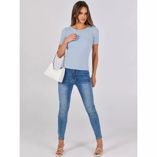 imageANRABESS Womens Crewneck Short Sleeve Tops Ribbed Knit Slim Fit T Shirts 2024 Summer Casual Basic Solid Tee TopLight Blue