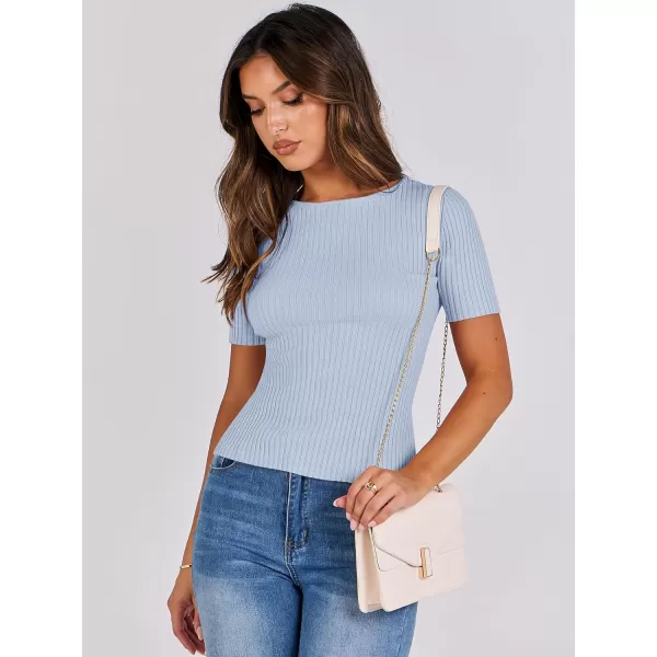 imageANRABESS Womens Crewneck Short Sleeve Tops Ribbed Knit Slim Fit T Shirts 2024 Summer Casual Basic Solid Tee TopLight Blue