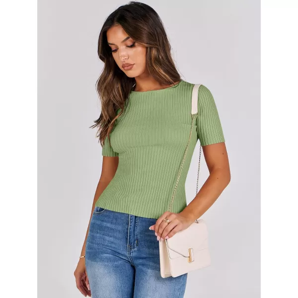 imageANRABESS Womens Crewneck Short Sleeve Tops Ribbed Knit Slim Fit T Shirts 2024 Summer Casual Basic Solid Tee TopLight Green