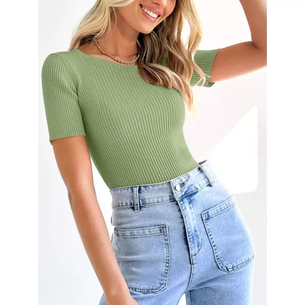 imageANRABESS Womens Crewneck Short Sleeve Tops Ribbed Knit Slim Fit T Shirts 2024 Summer Casual Basic Solid Tee TopLight Green