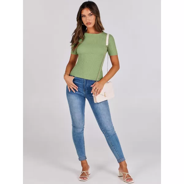 imageANRABESS Womens Crewneck Short Sleeve Tops Ribbed Knit Slim Fit T Shirts 2024 Summer Casual Basic Solid Tee TopLight Green