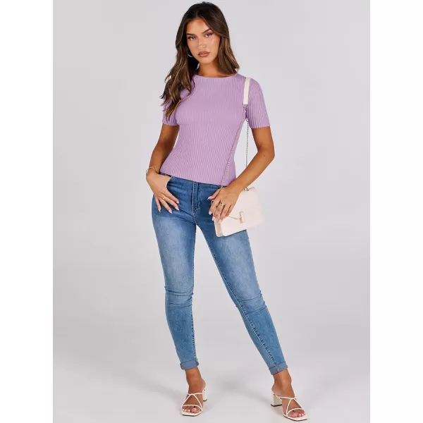imageANRABESS Womens Crewneck Short Sleeve Tops Ribbed Knit Slim Fit T Shirts 2024 Summer Casual Basic Solid Tee TopLight Purple