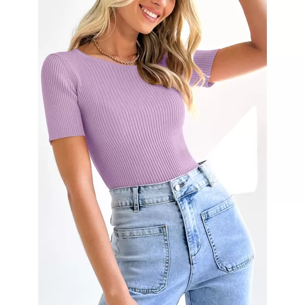 imageANRABESS Womens Crewneck Short Sleeve Tops Ribbed Knit Slim Fit T Shirts 2024 Summer Casual Basic Solid Tee TopLight Purple
