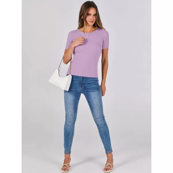 imageANRABESS Womens Crewneck Short Sleeve Tops Ribbed Knit Slim Fit T Shirts 2024 Summer Casual Basic Solid Tee TopLight Purple