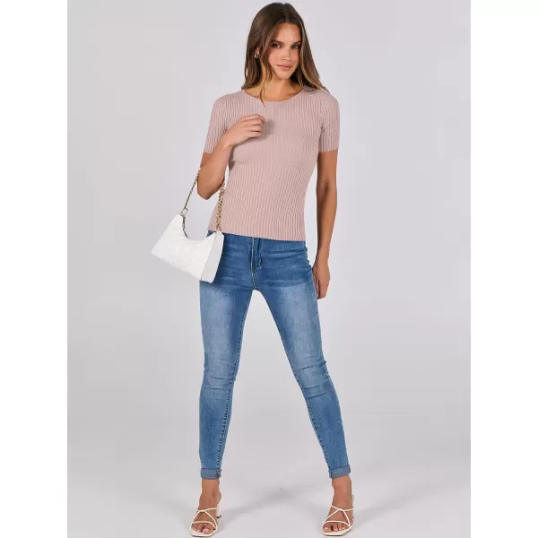 imageANRABESS Womens Crewneck Short Sleeve Tops Ribbed Knit Slim Fit T Shirts 2024 Summer Casual Basic Solid Tee TopPink