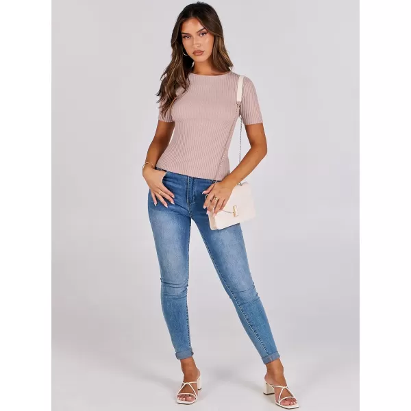 imageANRABESS Womens Crewneck Short Sleeve Tops Ribbed Knit Slim Fit T Shirts 2024 Summer Casual Basic Solid Tee TopPink