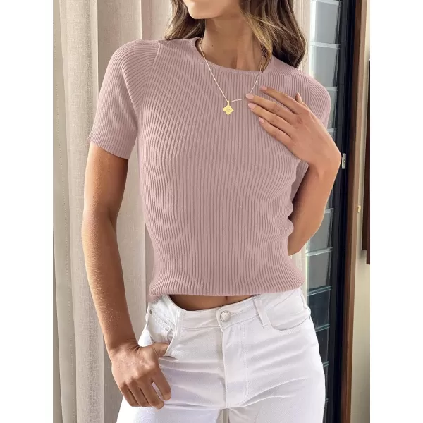imageANRABESS Womens Crewneck Short Sleeve Tops Ribbed Knit Slim Fit T Shirts 2024 Summer Casual Basic Solid Tee TopPink