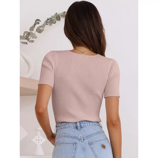 imageANRABESS Womens Crewneck Short Sleeve Tops Ribbed Knit Slim Fit T Shirts 2024 Summer Casual Basic Solid Tee TopPink
