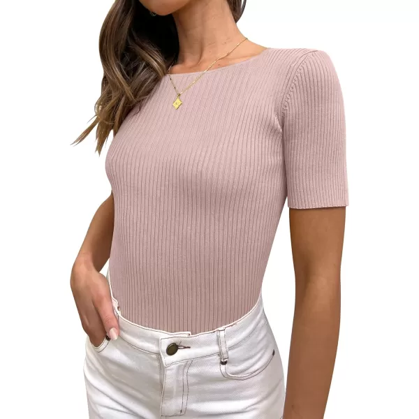 imageANRABESS Womens Crewneck Short Sleeve Tops Ribbed Knit Slim Fit T Shirts 2024 Summer Casual Basic Solid Tee TopPink