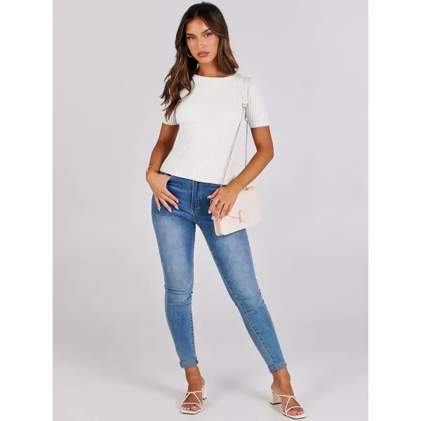 imageANRABESS Womens Crewneck Short Sleeve Tops Ribbed Knit Slim Fit T Shirts 2024 Summer Casual Basic Solid Tee TopWhite