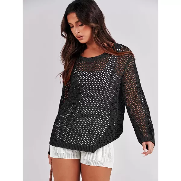 imageANRABESS Womens Crochet Cover Up Shirt Hollow Out Long Sleeve Beach Swimwaer Mesh Pullover Top 2023 Summer OutfitsBlack