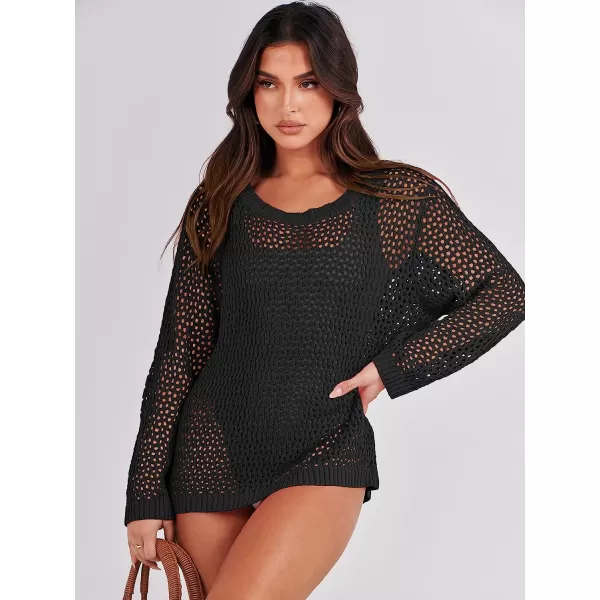 imageANRABESS Womens Crochet Cover Up Shirt Hollow Out Long Sleeve Beach Swimwaer Mesh Pullover Top 2023 Summer OutfitsBlack