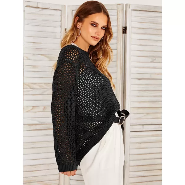 imageANRABESS Womens Crochet Cover Up Shirt Hollow Out Long Sleeve Beach Swimwaer Mesh Pullover Top 2023 Summer OutfitsBlack