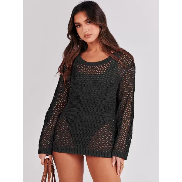 imageANRABESS Womens Crochet Cover Up Shirt Hollow Out Long Sleeve Beach Swimwaer Mesh Pullover Top 2023 Summer OutfitsBlack