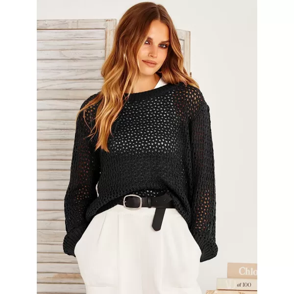 imageANRABESS Womens Crochet Cover Up Shirt Hollow Out Long Sleeve Beach Swimwaer Mesh Pullover Top 2023 Summer OutfitsBlack