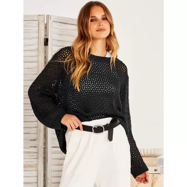 imageANRABESS Womens Crochet Cover Up Shirt Hollow Out Long Sleeve Beach Swimwaer Mesh Pullover Top 2023 Summer OutfitsBlack