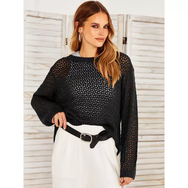 imageANRABESS Womens Crochet Cover Up Shirt Hollow Out Long Sleeve Beach Swimwaer Mesh Pullover Top 2023 Summer OutfitsBlack
