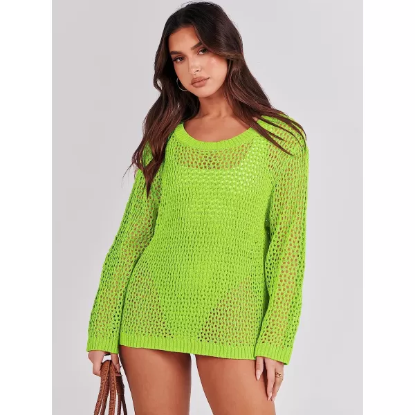 imageANRABESS Womens Crochet Cover Up Shirt Hollow Out Long Sleeve Beach Swimwaer Mesh Pullover Top 2023 Summer OutfitsGreen