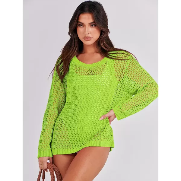 imageANRABESS Womens Crochet Cover Up Shirt Hollow Out Long Sleeve Beach Swimwaer Mesh Pullover Top 2023 Summer OutfitsGreen