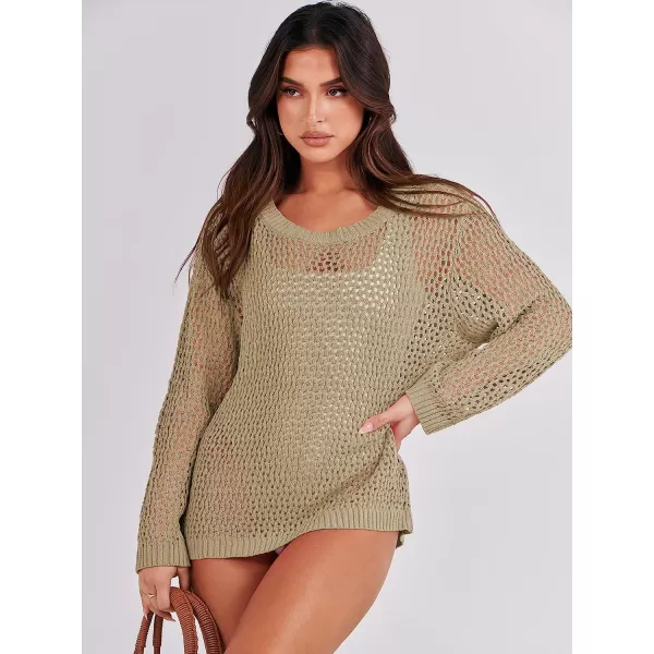 imageANRABESS Womens Crochet Cover Up Shirt Hollow Out Long Sleeve Beach Swimwaer Mesh Pullover Top 2023 Summer OutfitsKhaki