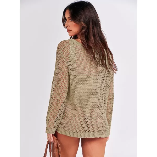 imageANRABESS Womens Crochet Cover Up Shirt Hollow Out Long Sleeve Beach Swimwaer Mesh Pullover Top 2023 Summer OutfitsKhaki