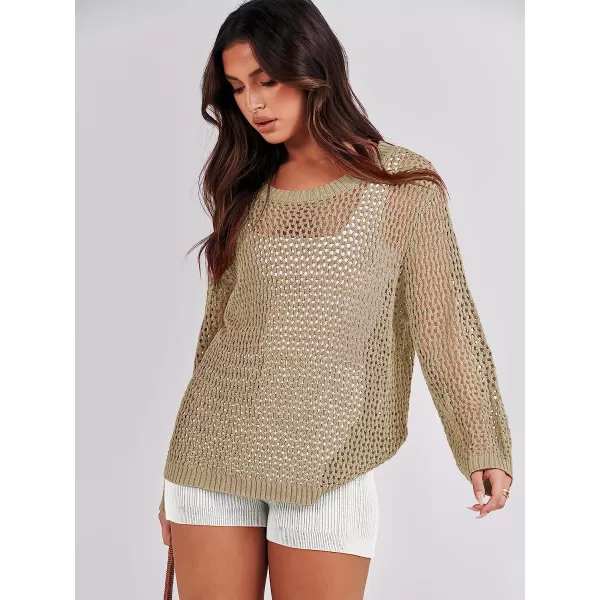 imageANRABESS Womens Crochet Cover Up Shirt Hollow Out Long Sleeve Beach Swimwaer Mesh Pullover Top 2023 Summer OutfitsKhaki