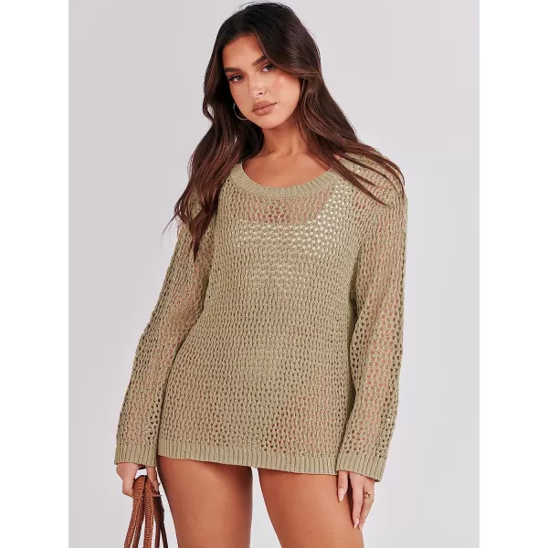 imageANRABESS Womens Crochet Cover Up Shirt Hollow Out Long Sleeve Beach Swimwaer Mesh Pullover Top 2023 Summer OutfitsKhaki
