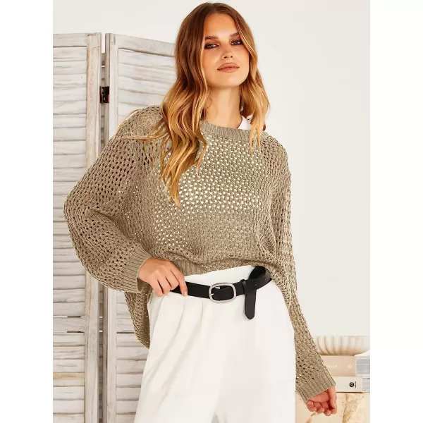 imageANRABESS Womens Crochet Cover Up Shirt Hollow Out Long Sleeve Beach Swimwaer Mesh Pullover Top 2023 Summer OutfitsKhaki